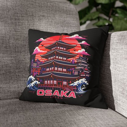 Black decor pillowcase with Osaka temple graphic, red sun, clouds, and wave accents