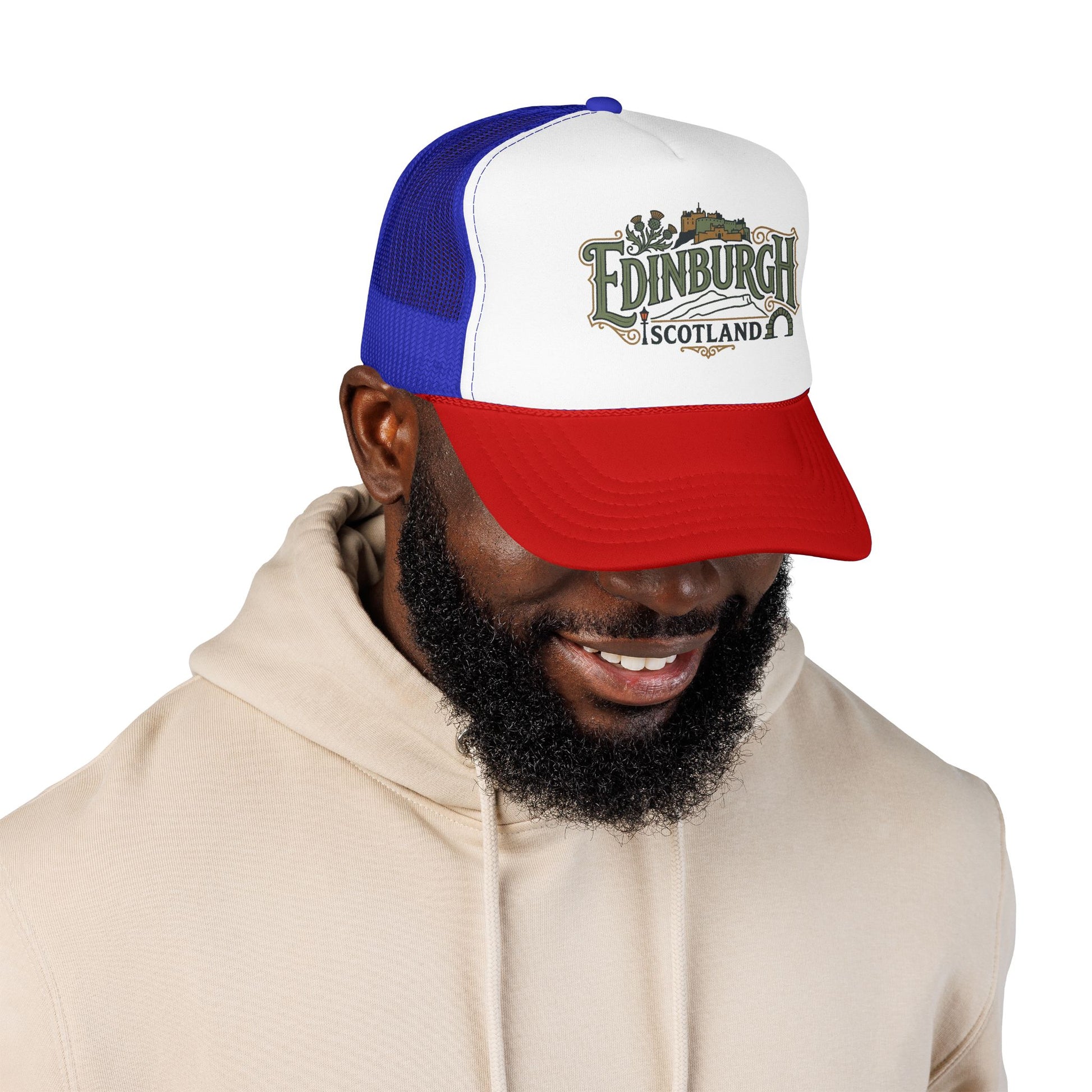 Blue and white trucker hat with red brim, breathable mesh, and “Edinburgh Scotland” logo