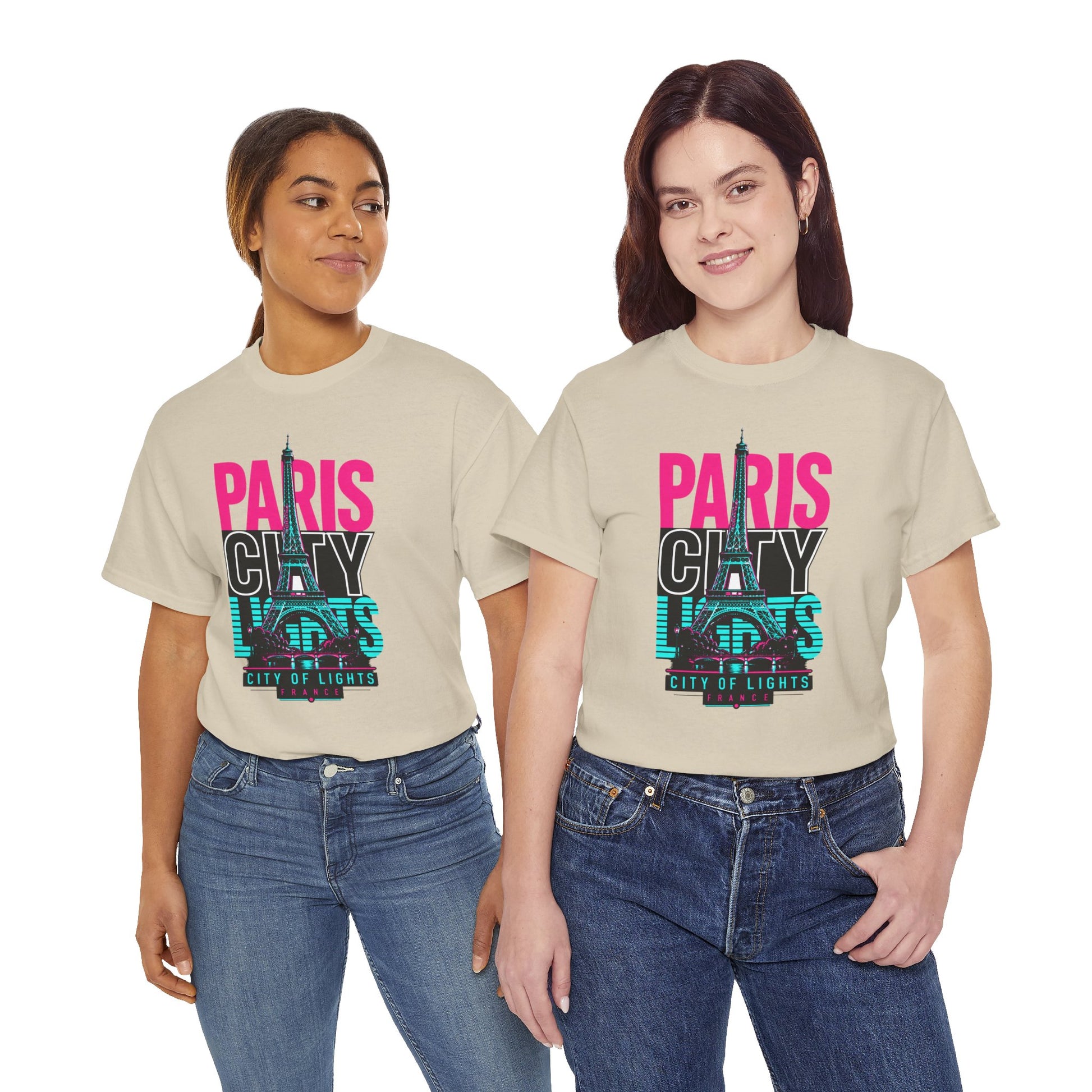 Beige Paris neon city travel T-shirt with Eiffel Tower graphic