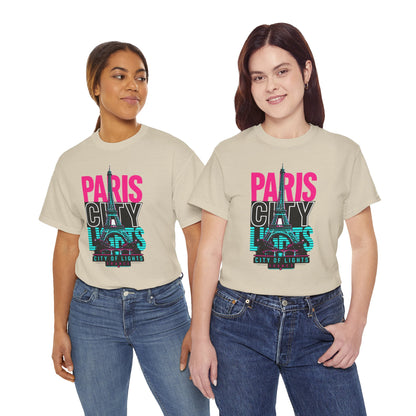 Beige Paris neon city travel T-shirt with Eiffel Tower graphic