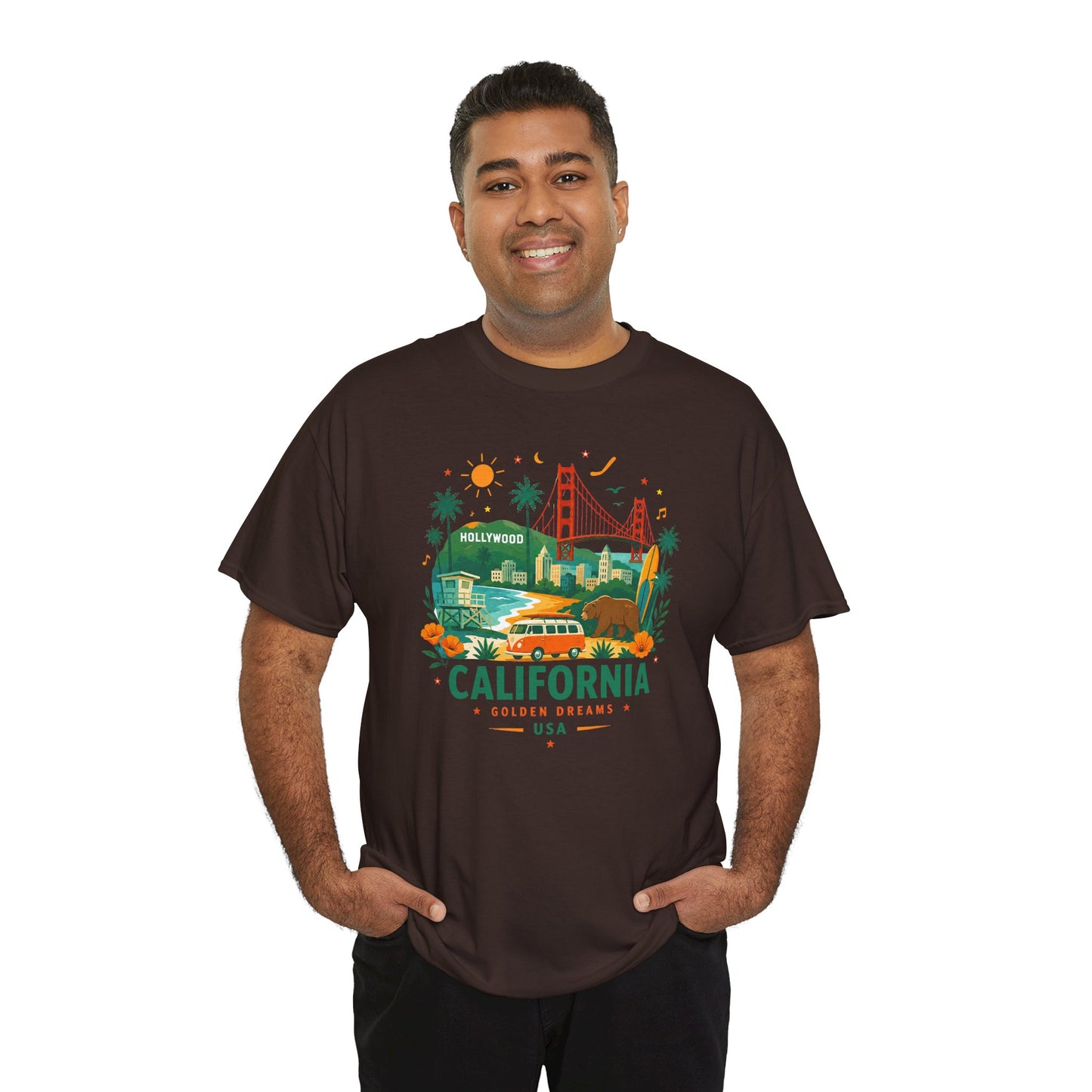 Brown T-shirt with colorful California city graphic printed at the center chest.