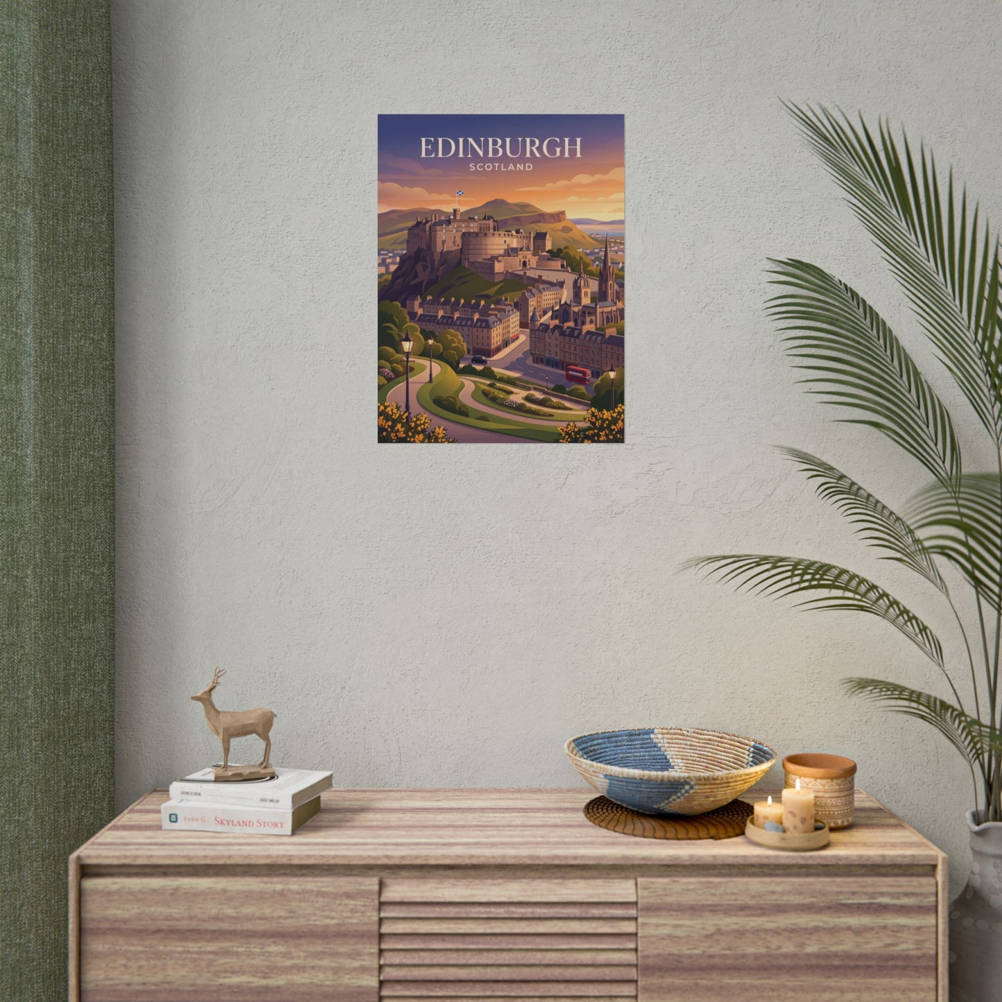 Small Edinburgh Scotland poster featuring castle buildings and winding road at sunset