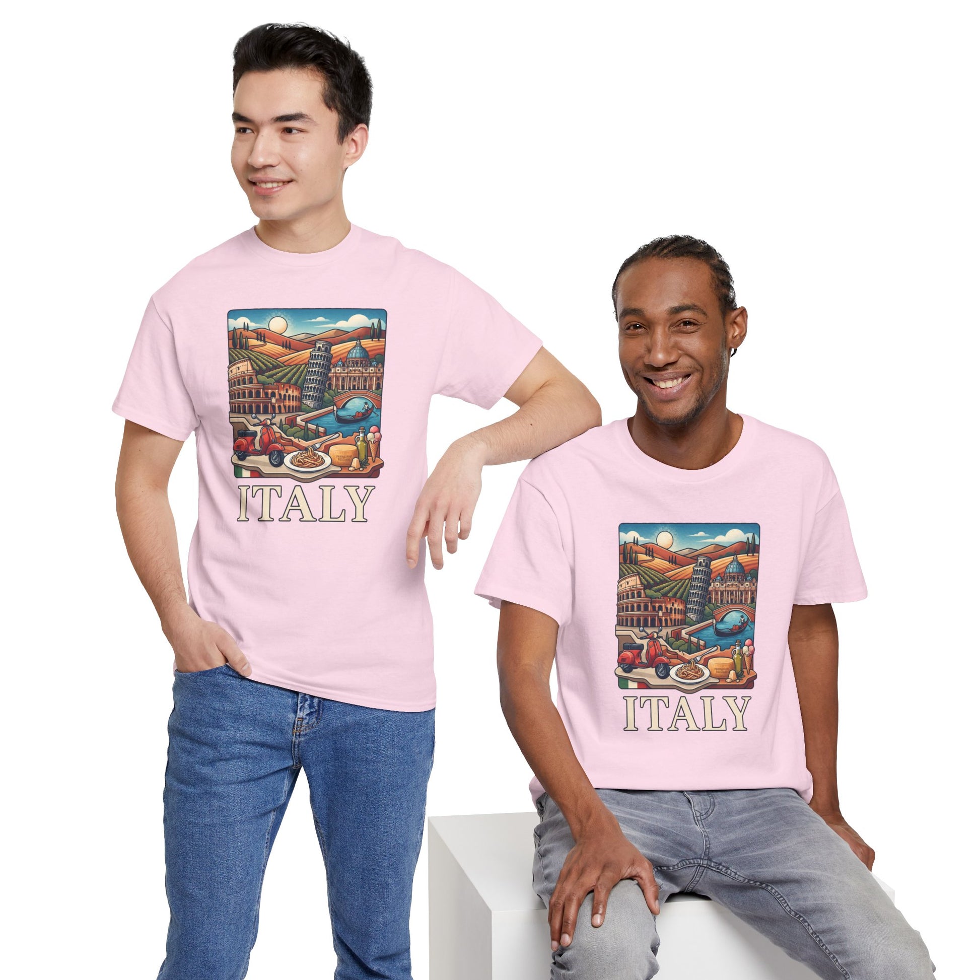 Light pink T-shirt with Italy graphic, worn by two models