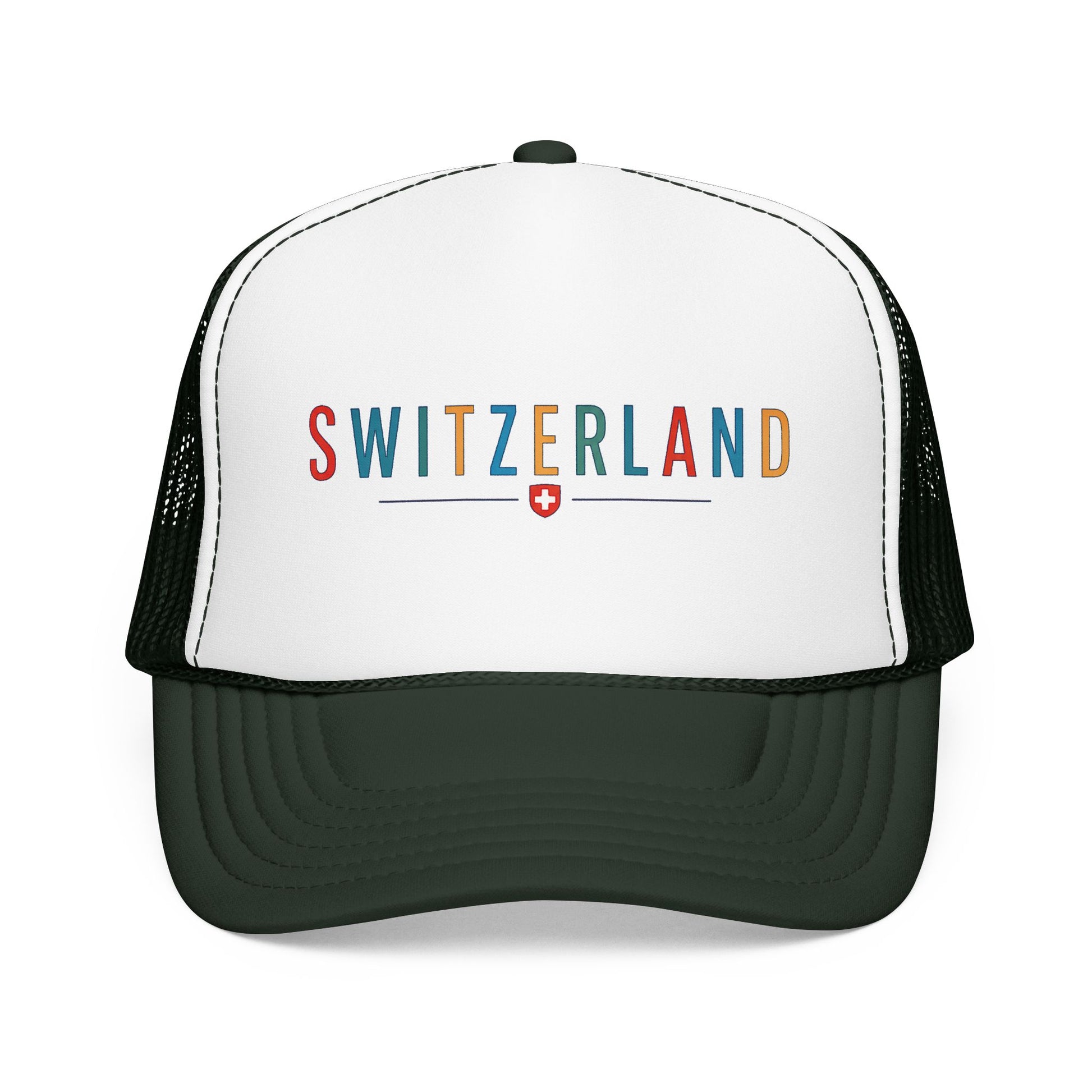 Foam trucker cap with Switzerland logo, white front and dark green mesh back