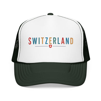 Foam trucker cap with Switzerland logo, white front and dark green mesh back