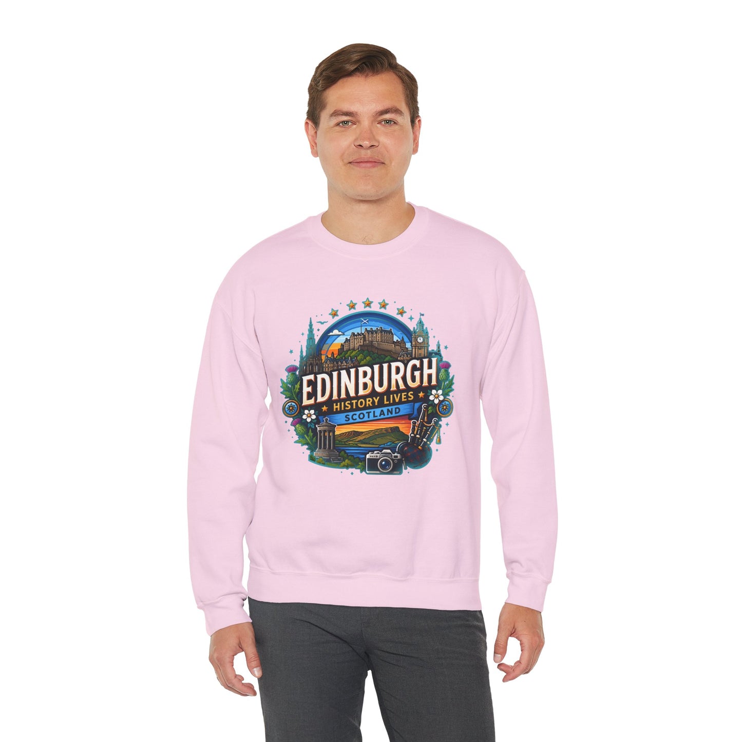 Light pink crewneck sweatshirt with colorful Edinburgh graphic on front