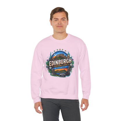 Light pink crewneck sweatshirt with colorful Edinburgh graphic on front