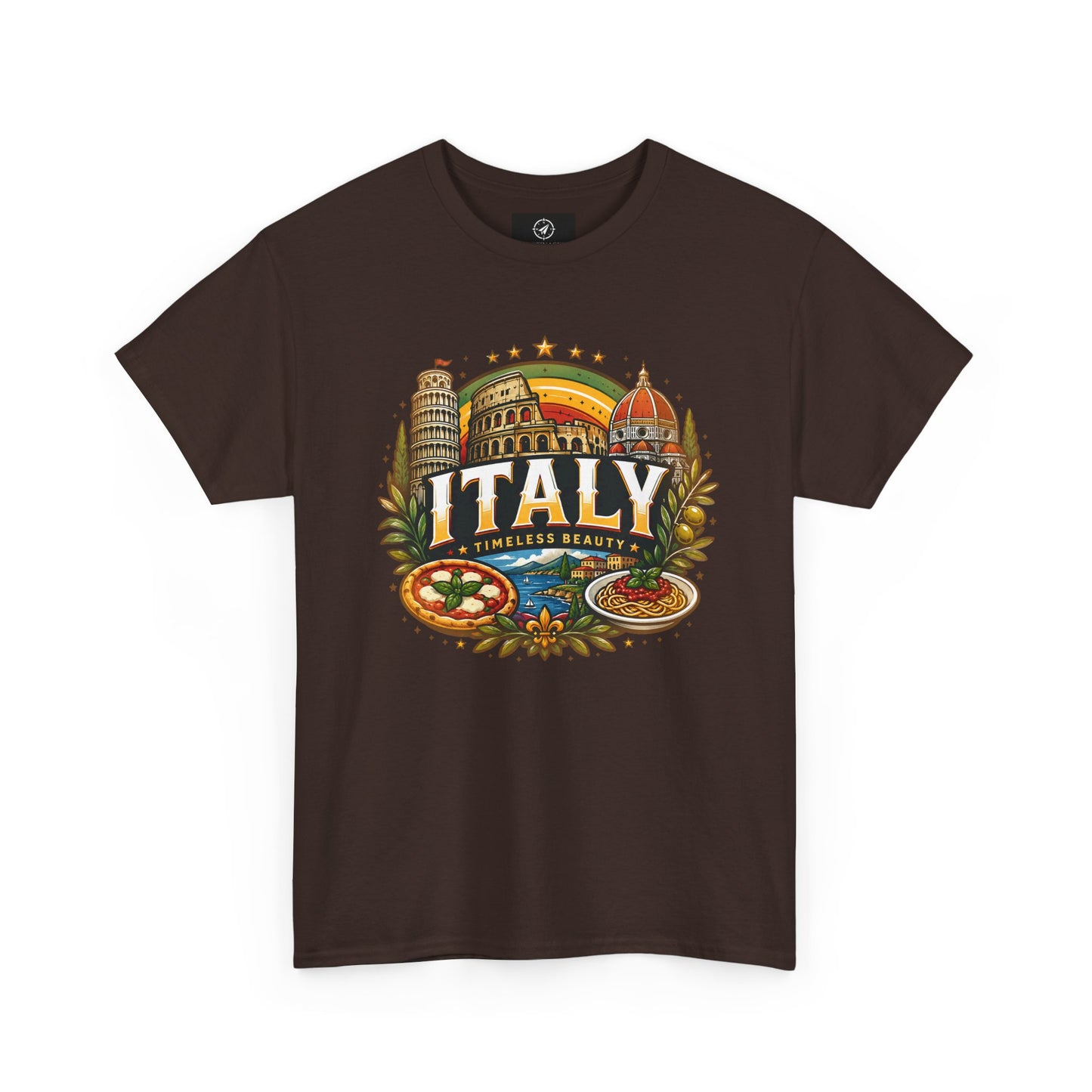 Dark chocolate short-sleeve t-shirt with colorful Italy landmark front graphic