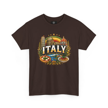Dark chocolate short-sleeve t-shirt with colorful Italy landmark front graphic