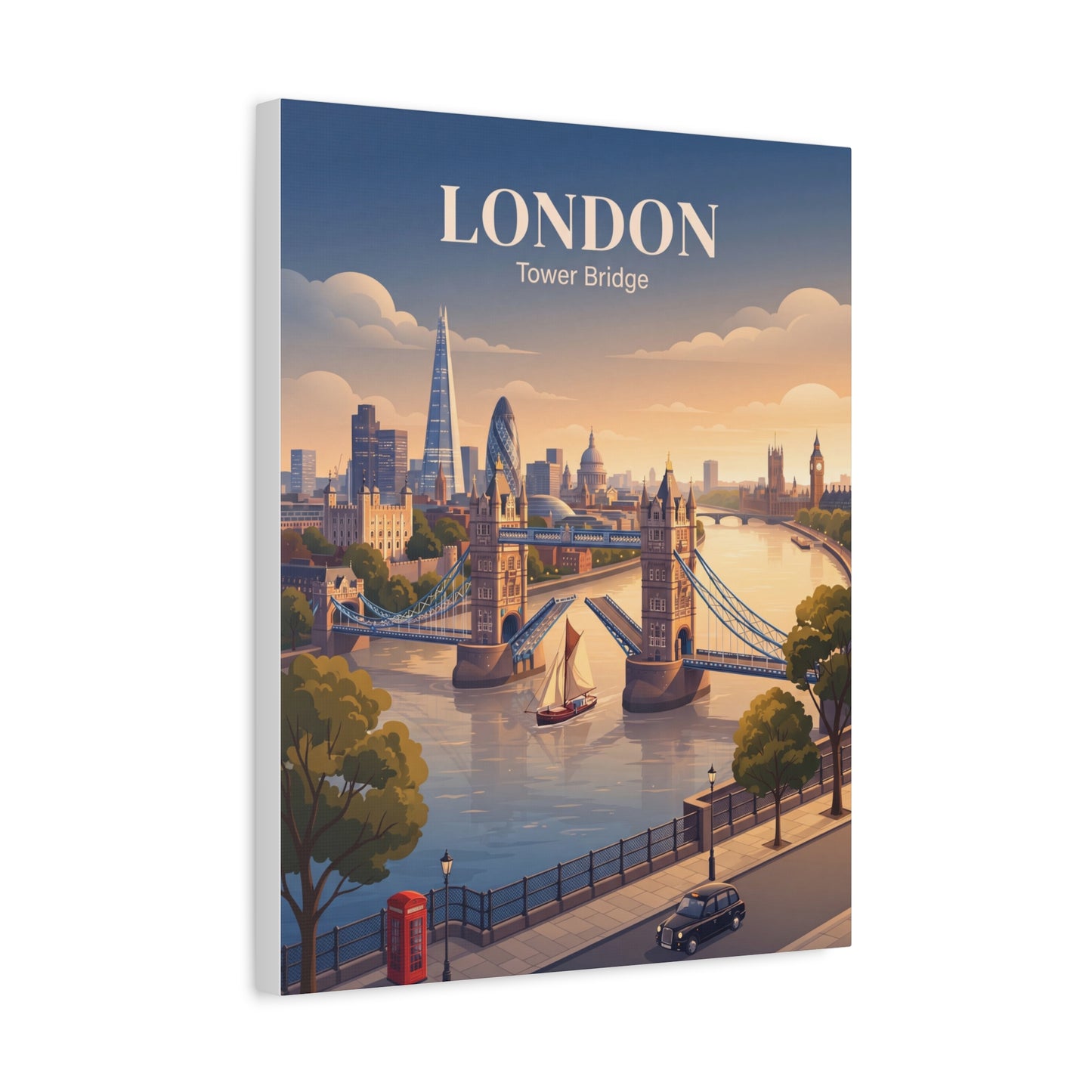 Matte canvas wall art of London Tower Bridge skyline with gold “LONDON” text at top