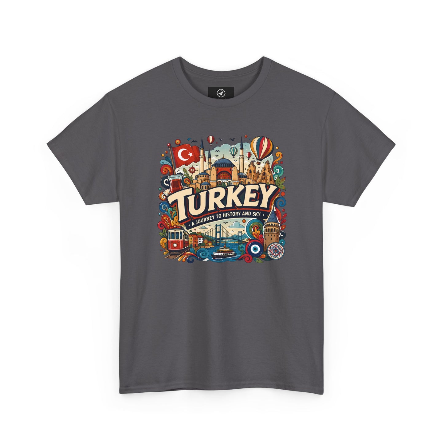 Charcoal gray graphic tee with colorful Turkey-themed emblem on the front