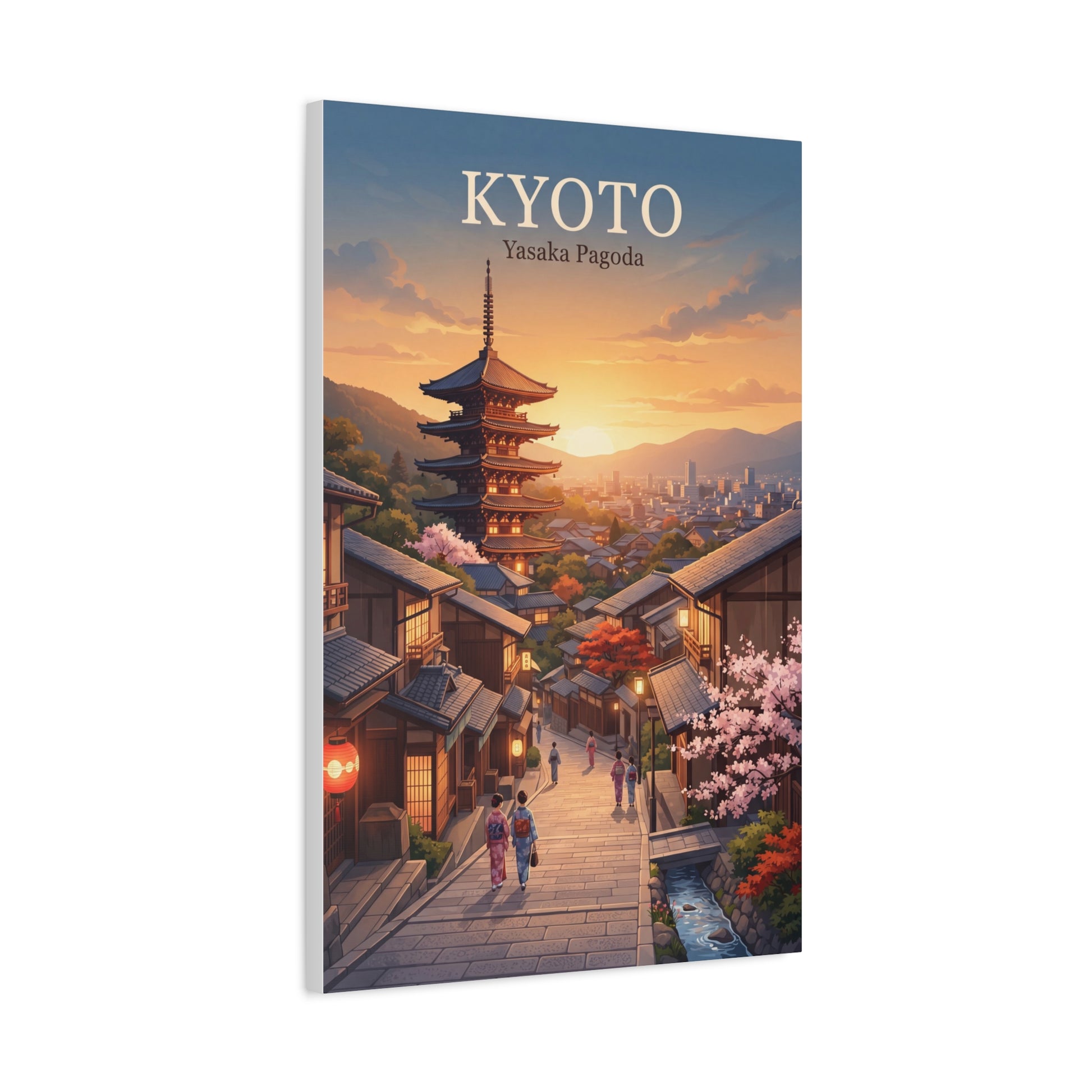 Matte canvas print of Kyoto pagoda overlooking a lantern-lit street at sunset