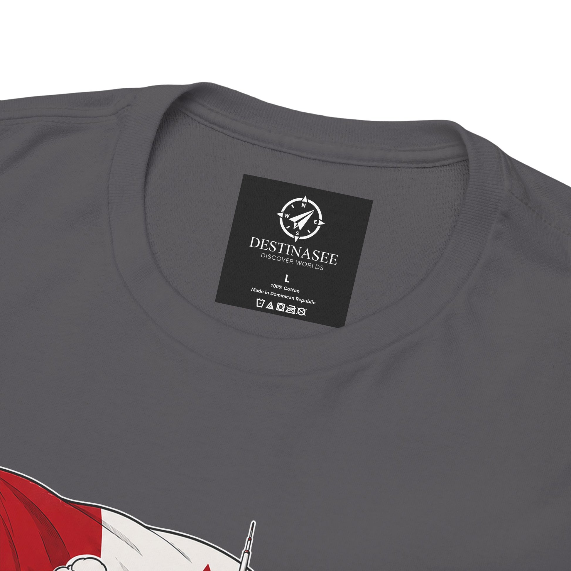 Charcoal crewneck t-shirt with “DESTINASEE” label at the back neck
