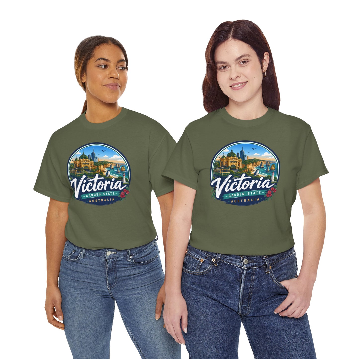 Forest green Victoria travel tee with circular city graphic on the chest