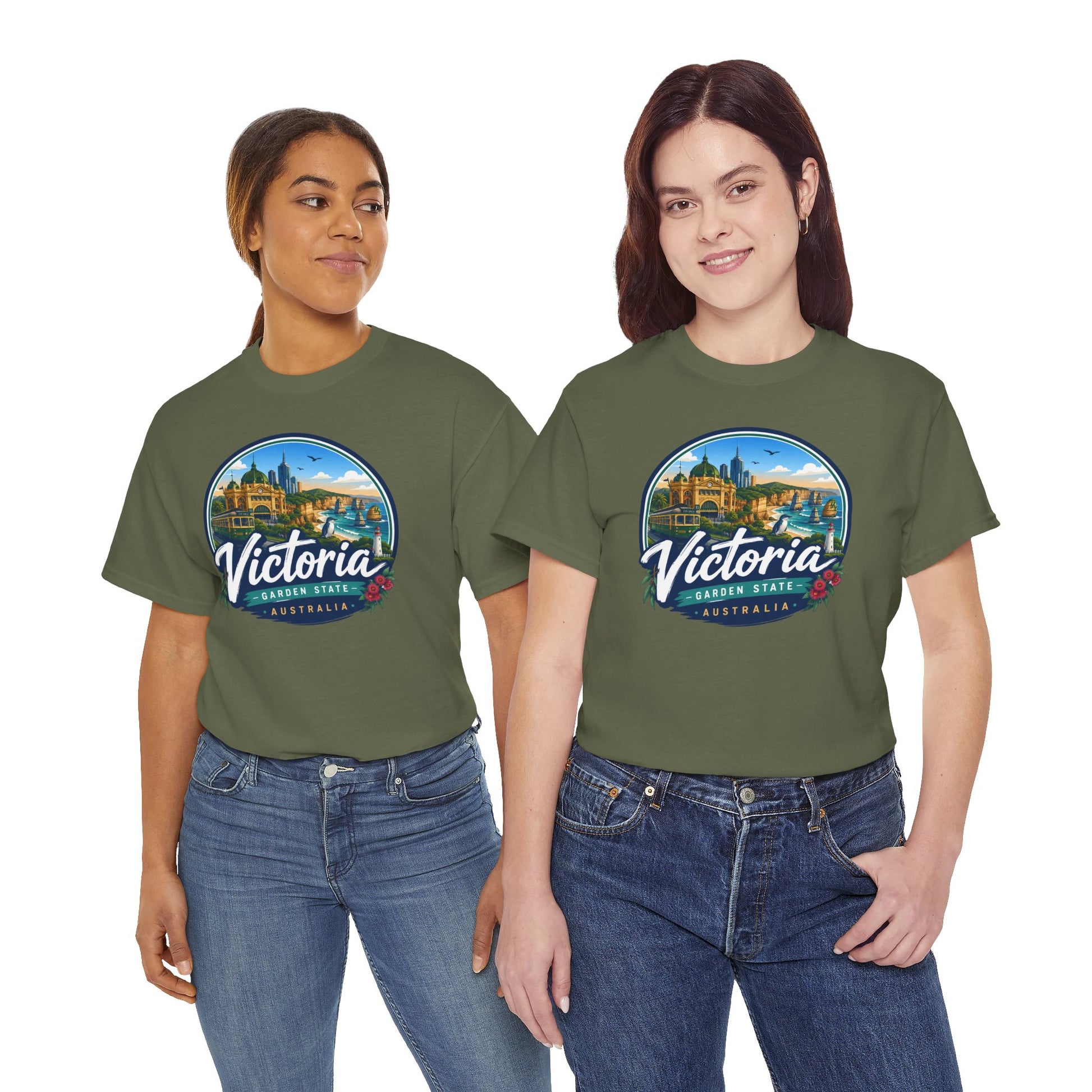 Forest green Victoria travel tee with circular city graphic on the chest