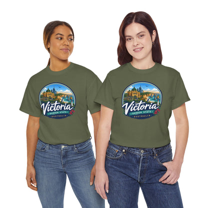 Forest green Victoria travel tee with circular city graphic on the chest