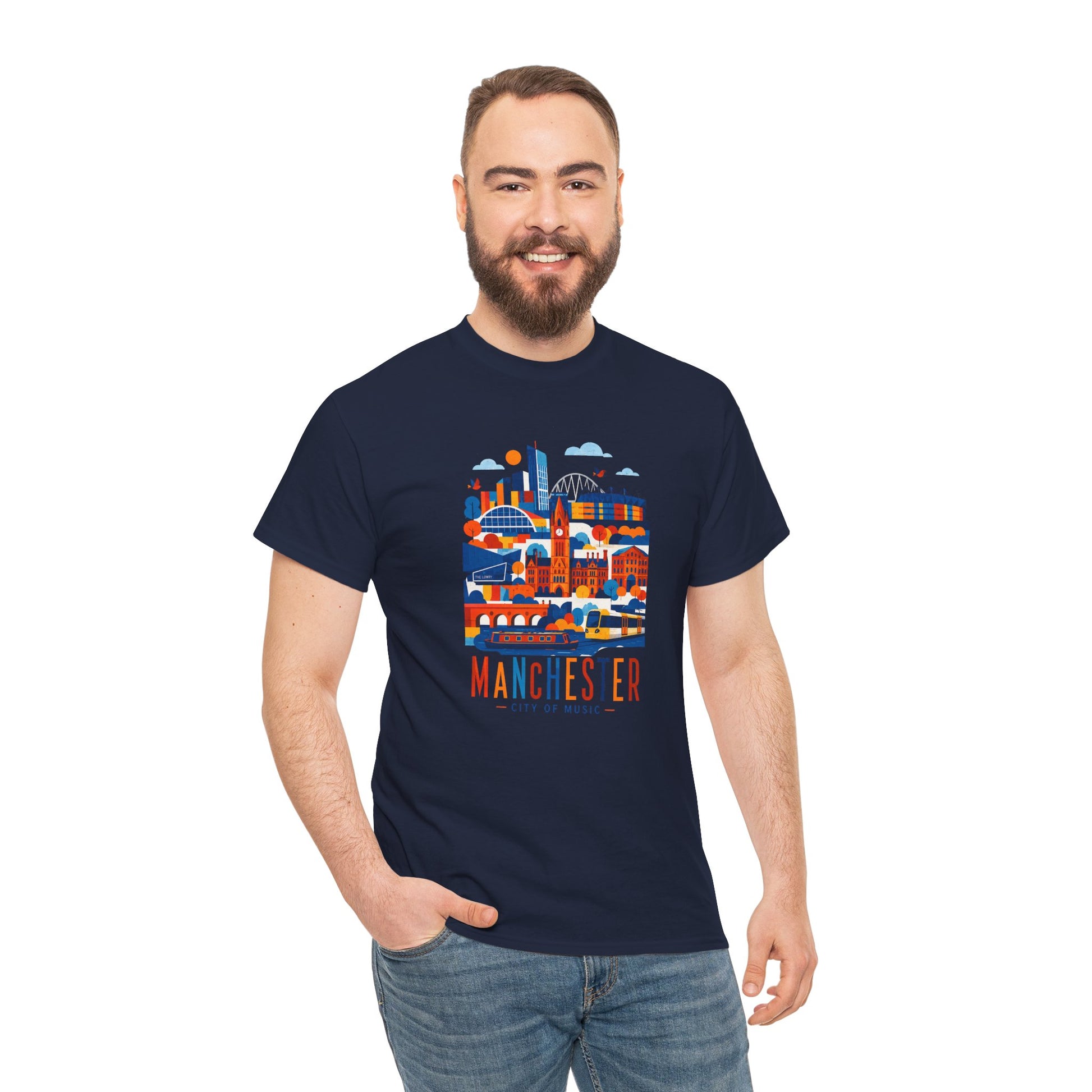 Navy crewneck t-shirt with colorful Manchester skyline graphic on the chest
