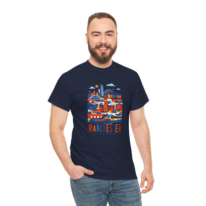 Navy crewneck t-shirt with colorful Manchester skyline graphic on the chest
