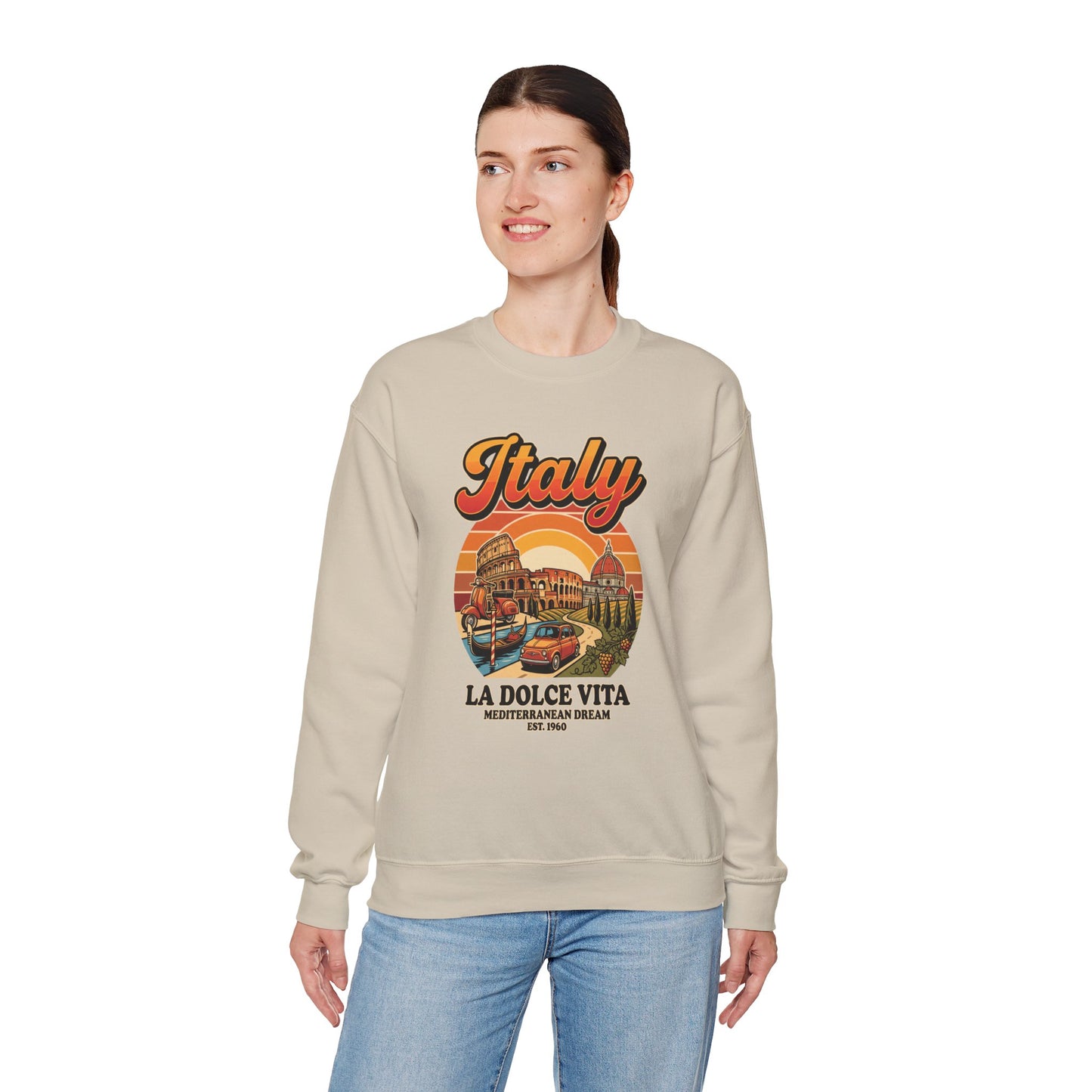 Sand crewneck sweatshirt with “Italy La Dolce Vita” graphic on the chest