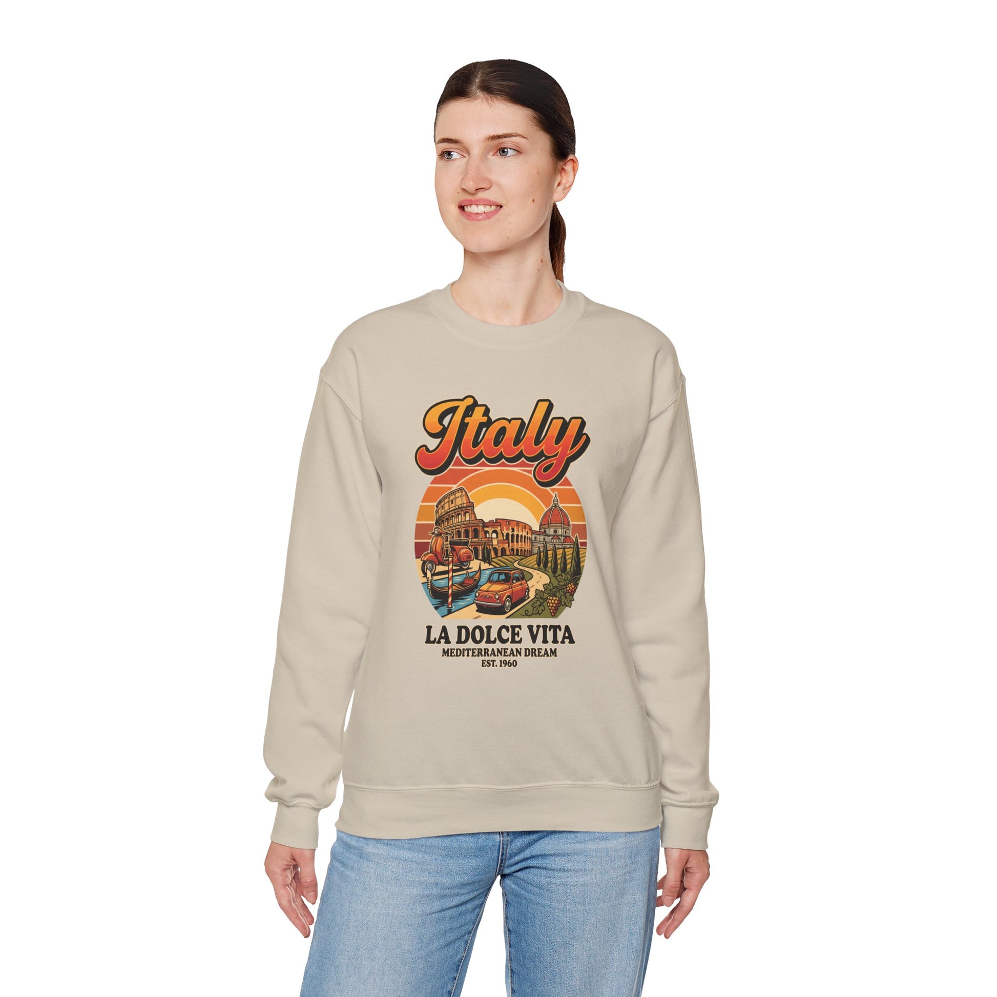 Sand crewneck sweatshirt with “Italy La Dolce Vita” graphic on the chest