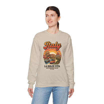 Sand crewneck sweatshirt with “Italy La Dolce Vita” graphic on the chest