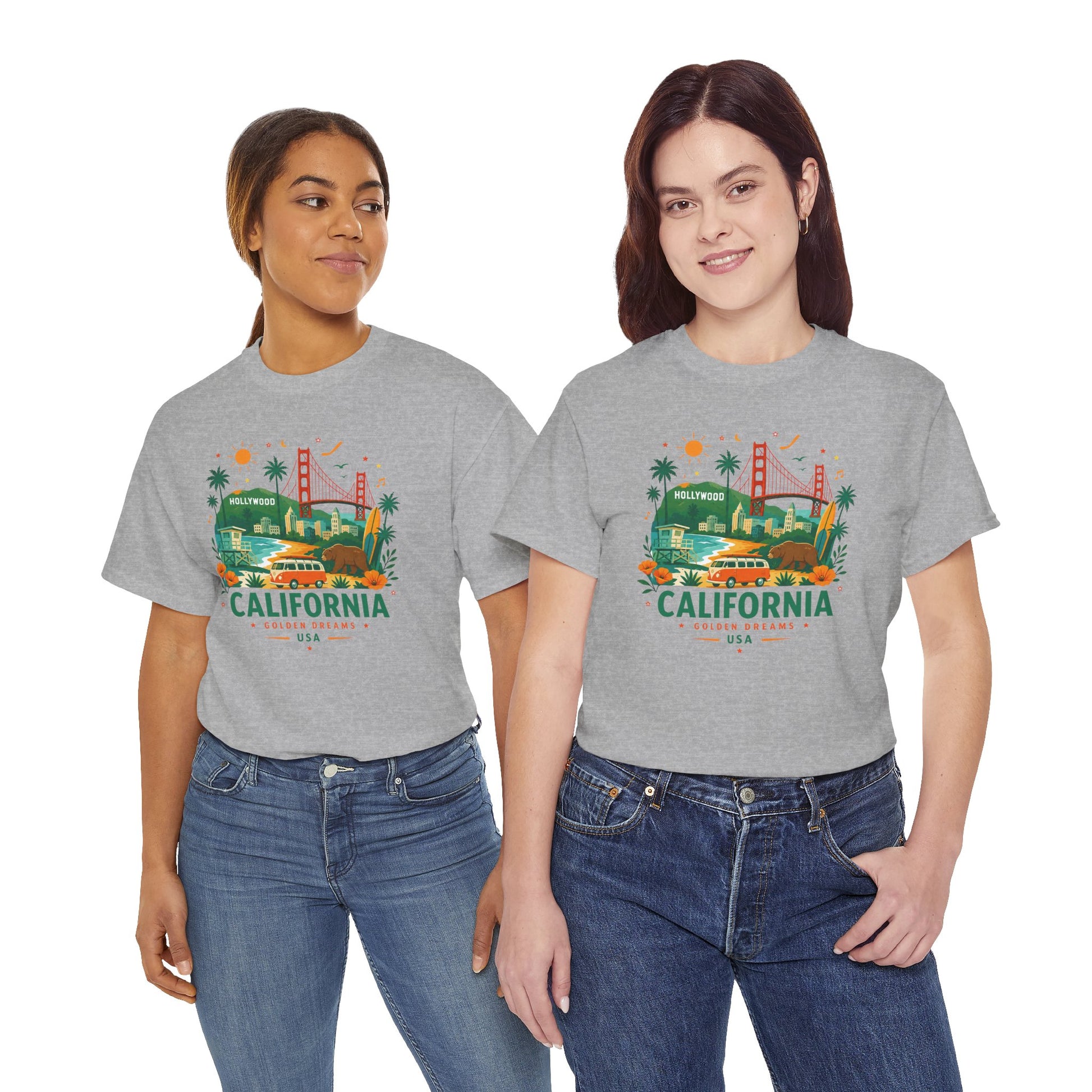 Heather gray T-shirt set with multicolor California theme graphic on the chest