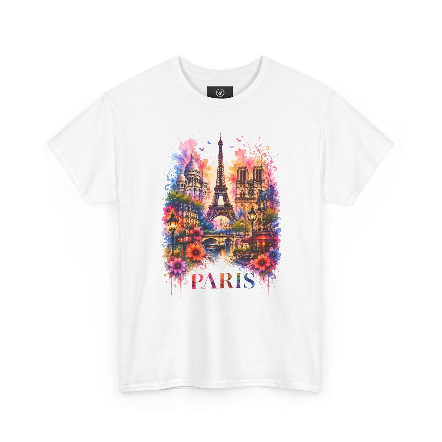 White crew-neck T-shirt with colorful Paris floral Eiffel Tower watercolor graphic