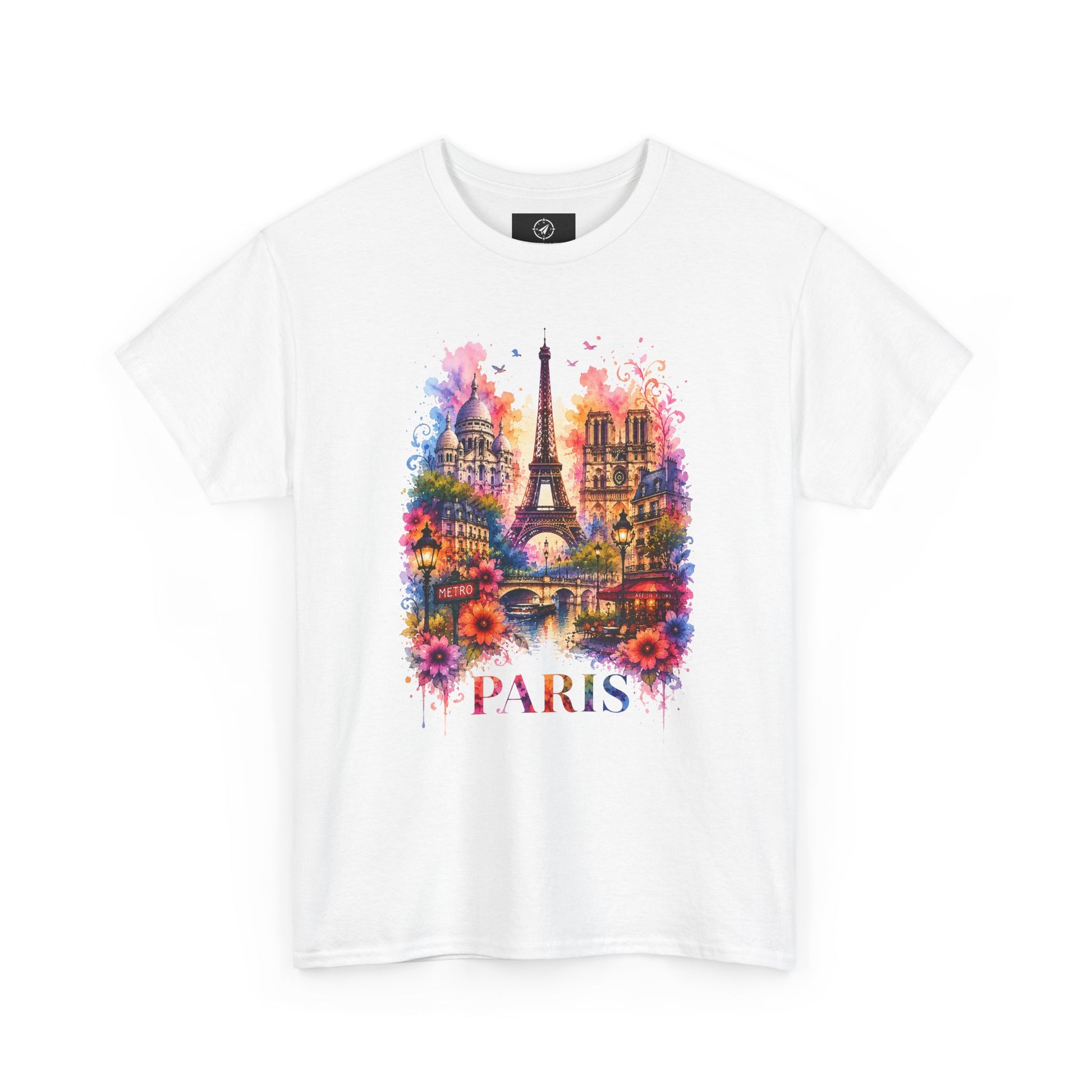 White crew-neck T-shirt with colorful Paris floral Eiffel Tower watercolor graphic