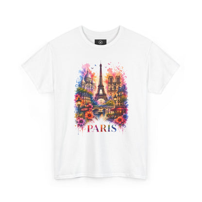 White crew-neck T-shirt with colorful Paris floral Eiffel Tower watercolor graphic