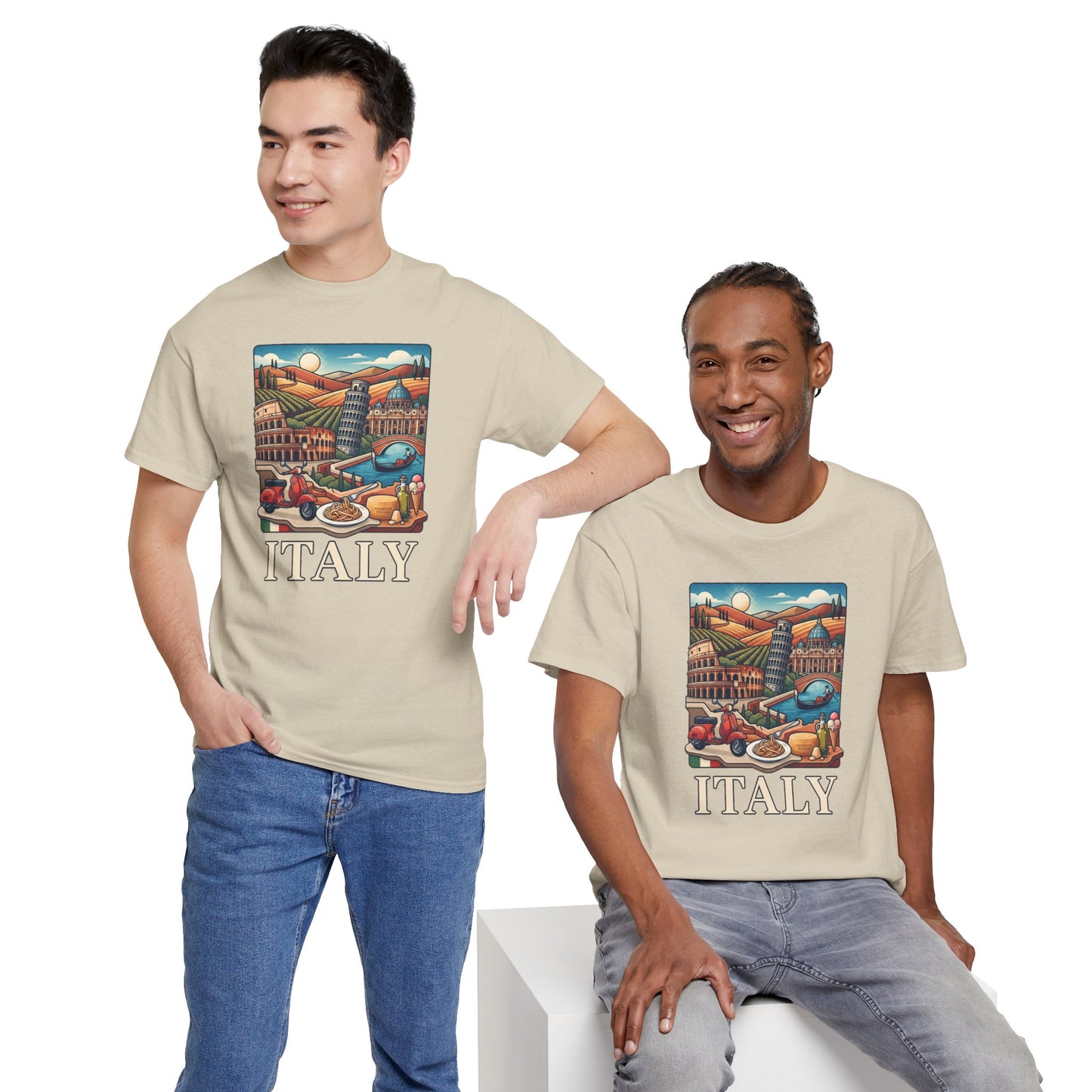Natural T-shirt with vintage Italy scenic graphic and 'ITALY' text