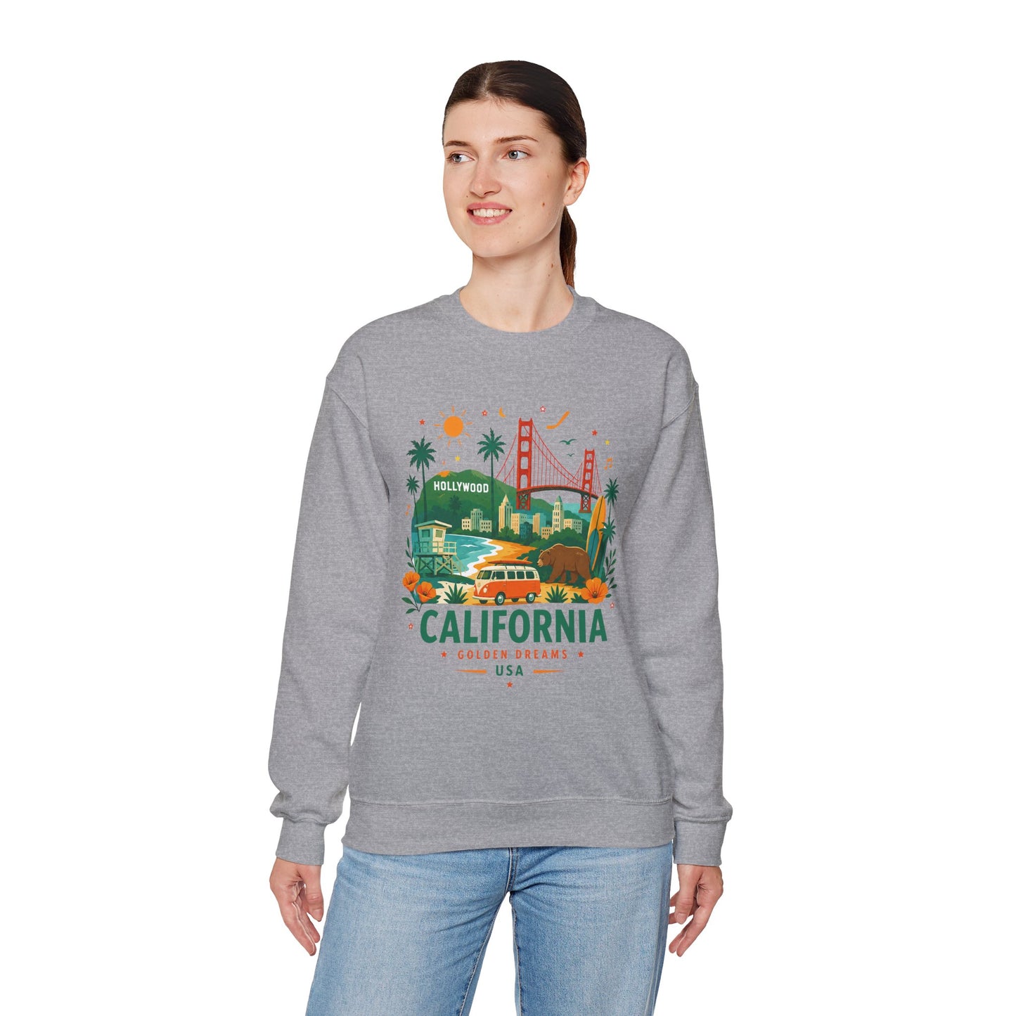 Heather gray crewneck sweatshirt with colorful California graphic on front
