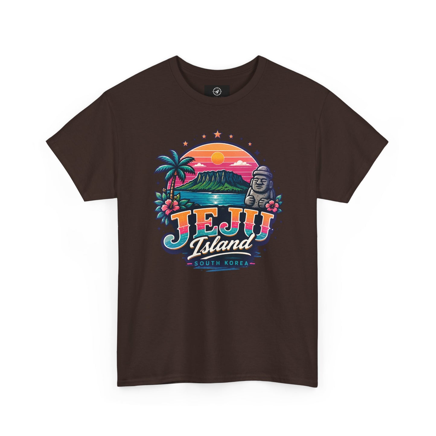 Dark brown t-shirt with colorful “JEJU Island” sunset logo and South Korea text graphic