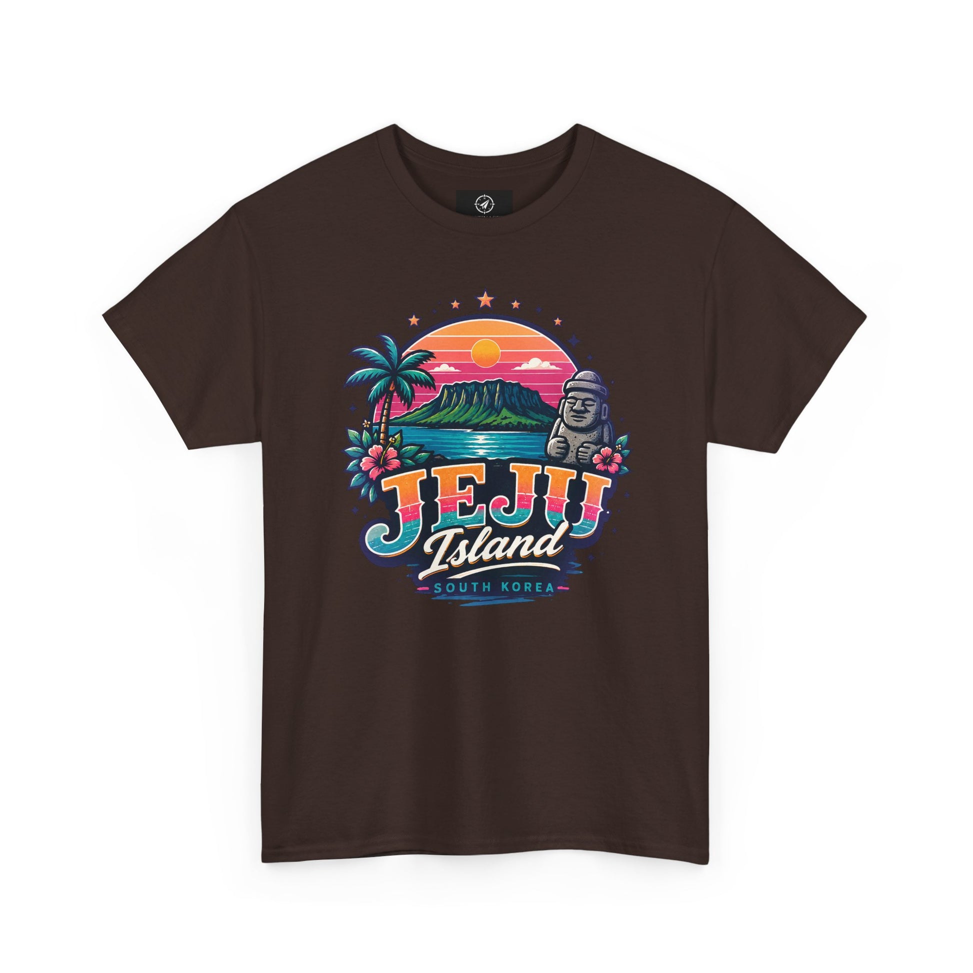 Dark brown t-shirt with colorful “JEJU Island” sunset logo and South Korea text graphic