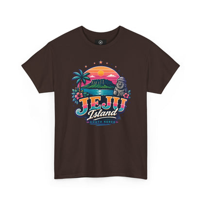Dark brown t-shirt with colorful “JEJU Island” sunset logo and South Korea text graphic