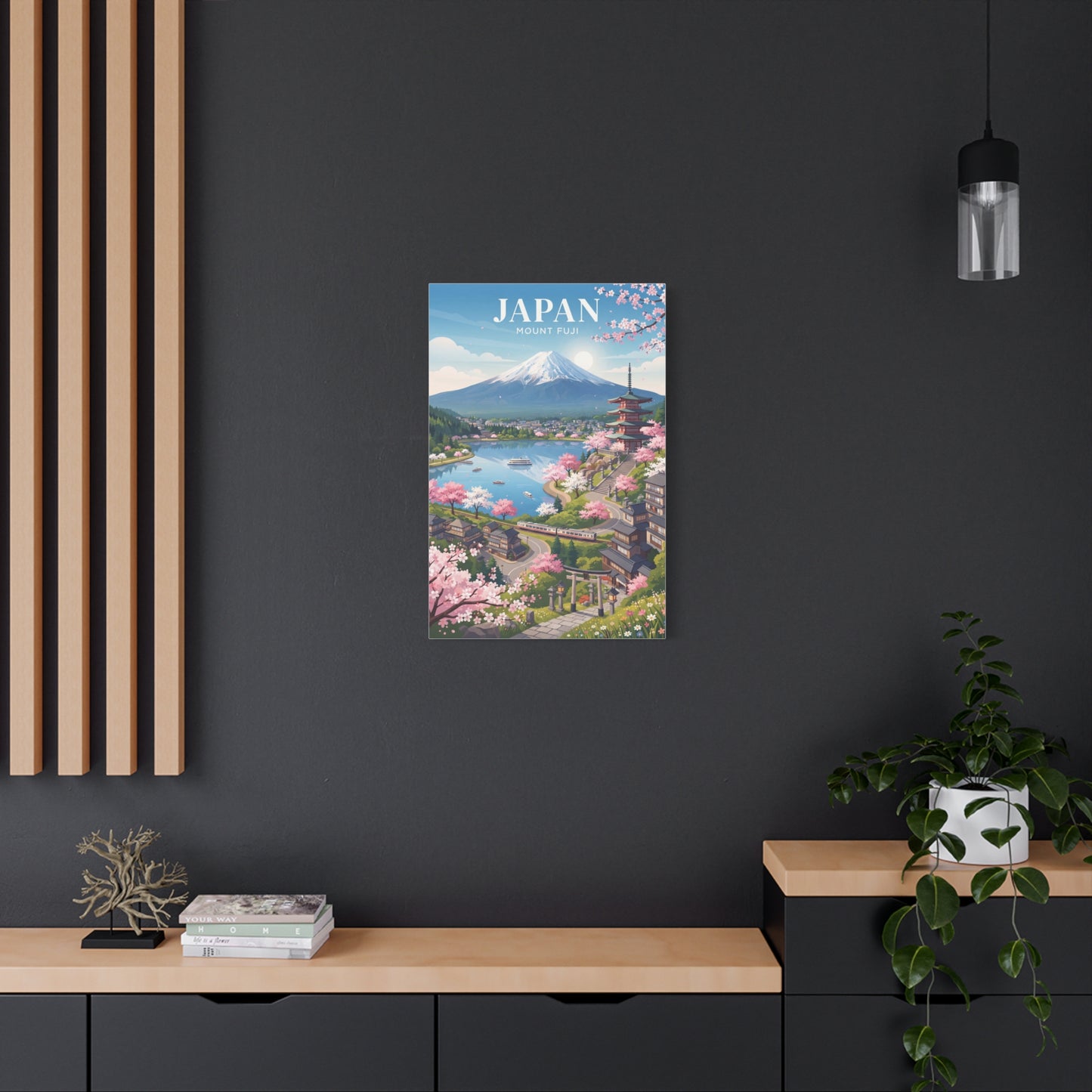 Square canvas print centered on wall with Mount Fuji above blooming cherry trees.