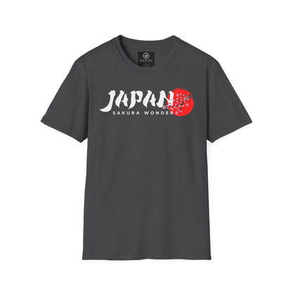 Dark gray T-shirt with white “Japan” text and red cherry blossom graphic on chest