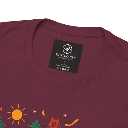 Maroon T-shirt with small neck label tag and partial colorful chest graphic