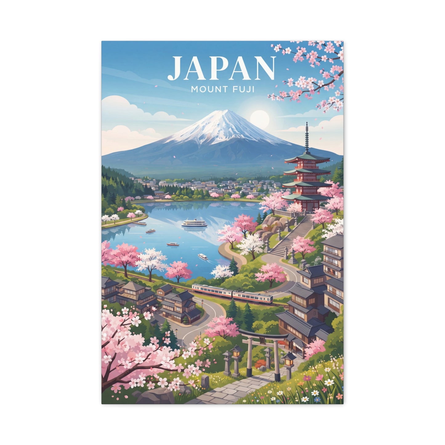 Mount Fuji cherry blossom scenic stretched canvas wall art, sakura branches and pagoda