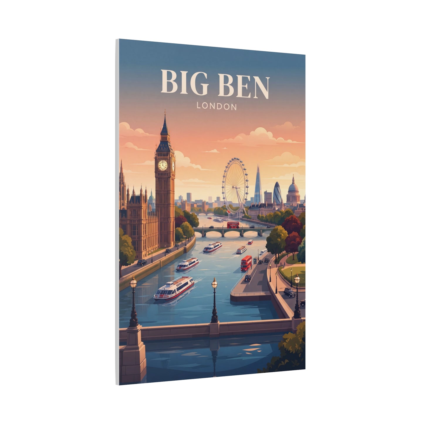 Matte canvas wall art with Big Ben, “BIG BEN LONDON” text, and river ferris wheel sunset