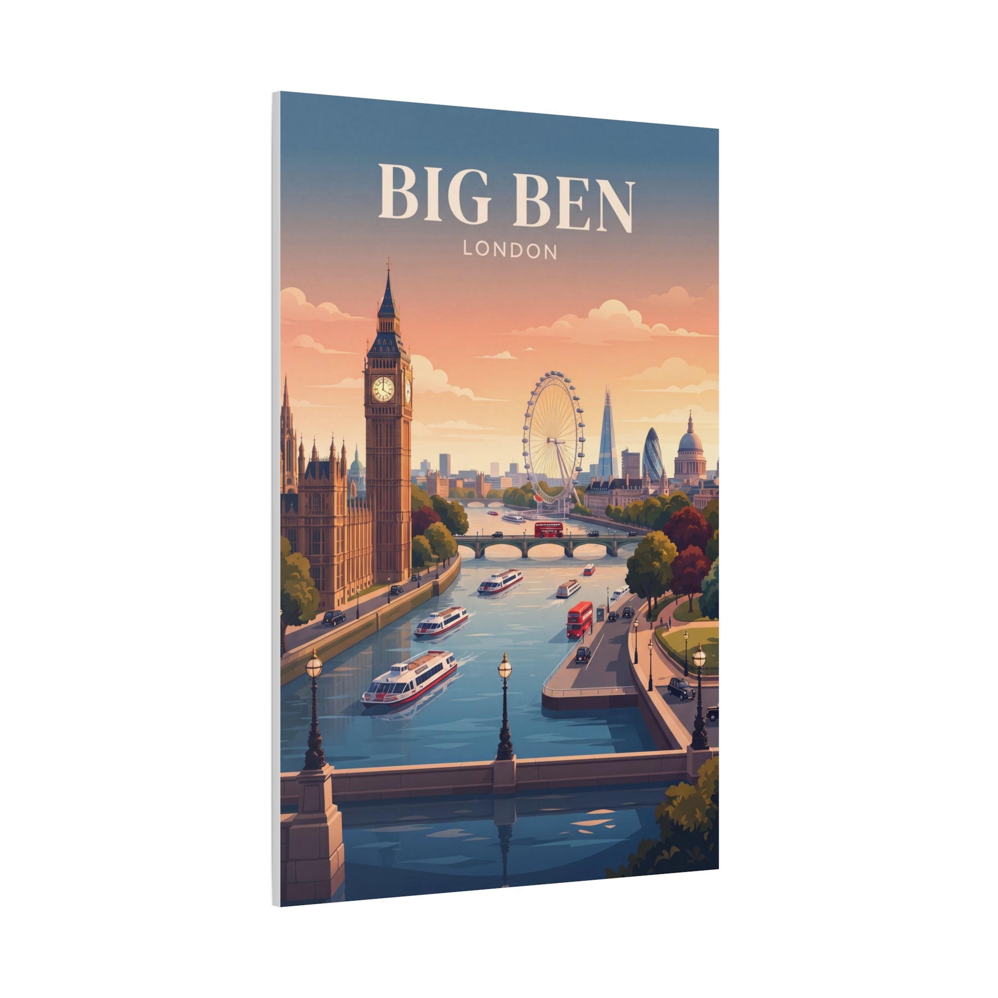 Matte canvas wall art with Big Ben, “BIG BEN LONDON” text, and river ferris wheel sunset