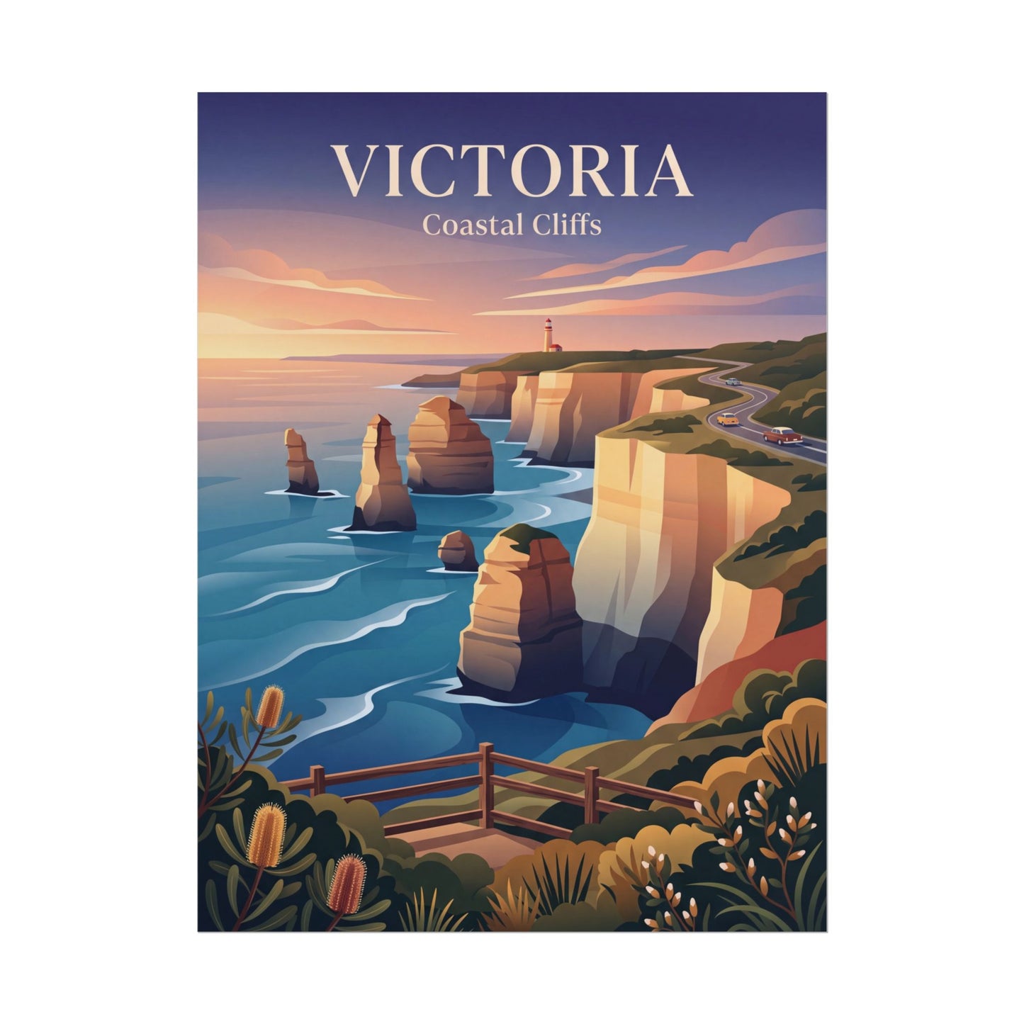 Rolled Australia coastal cliffs poster with lighthouse and ocean coastline at sunset