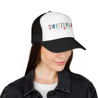 Two-tone white and black foam trucker cap with SWITZERLAND logo on the front panel