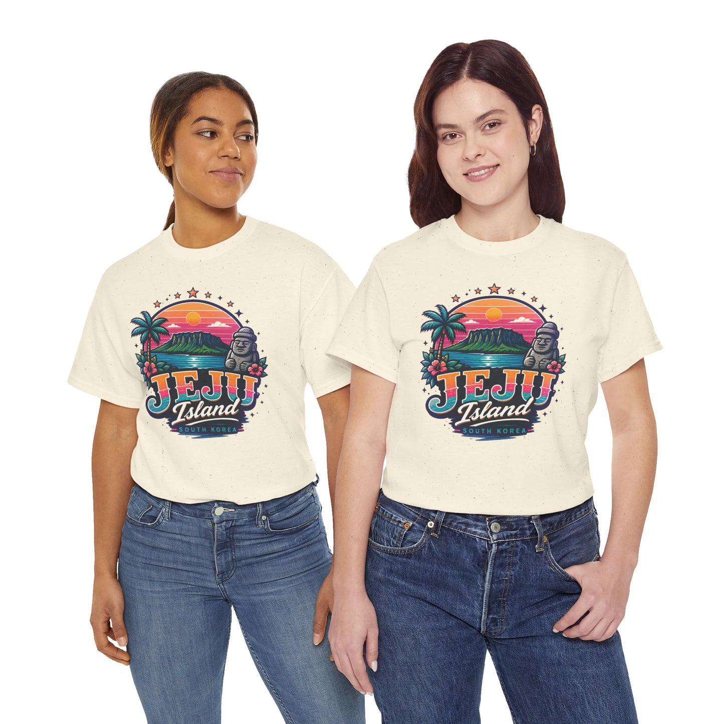 Cream Jeju Island graphic T-shirt with sunset, palm trees, and “JEJU Island” text