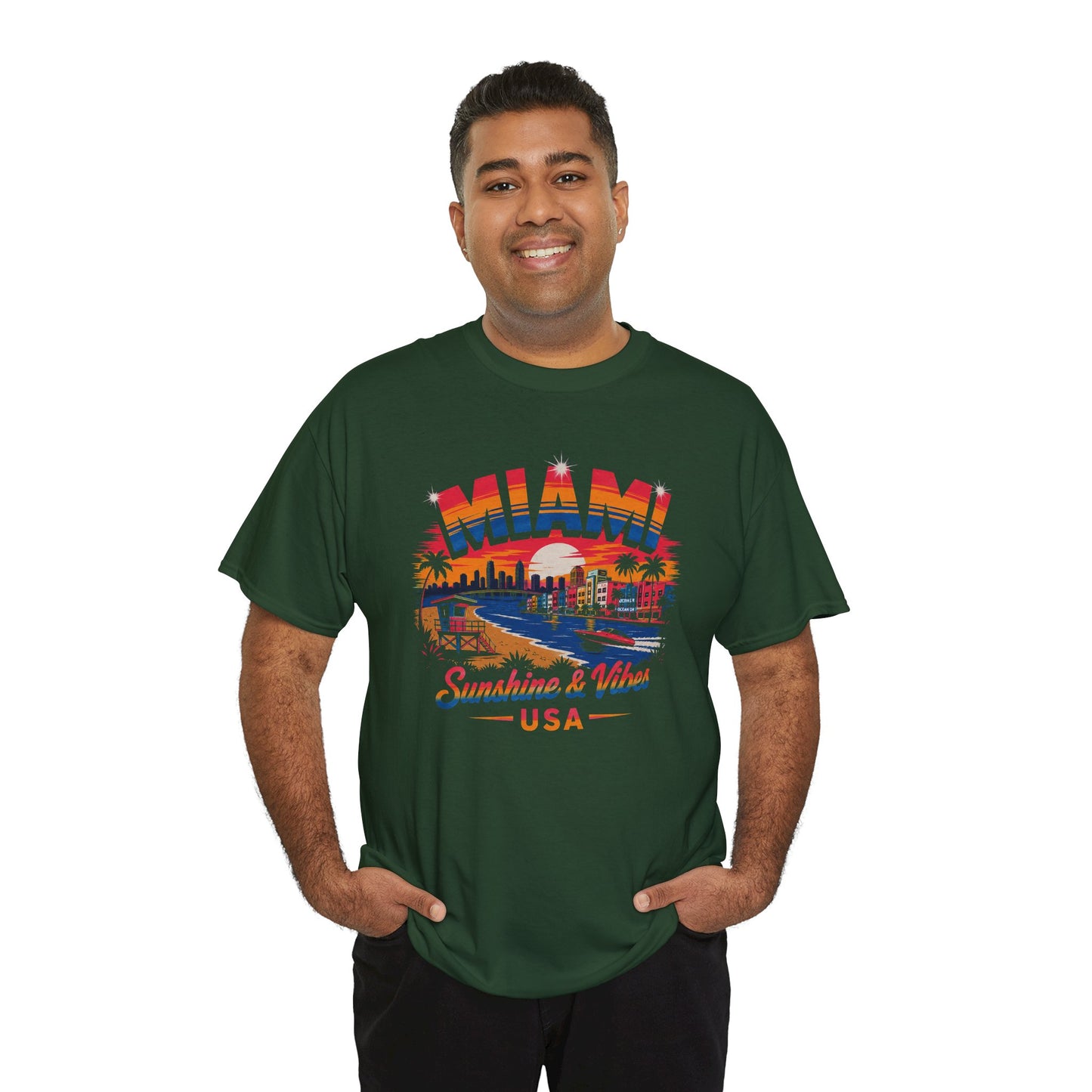 Forest green T-shirt with Miami skyline graphic centered on the chest