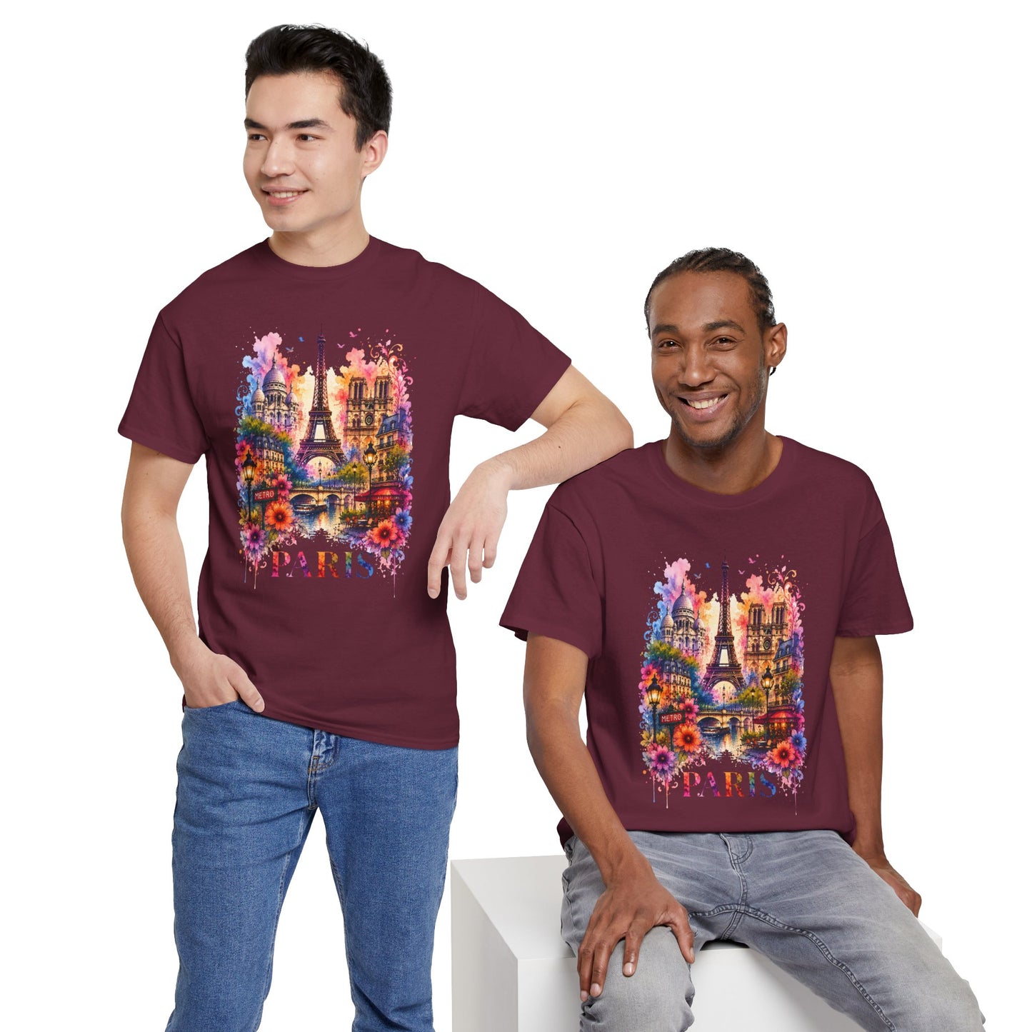 Eiffel Tower floral watercolor T-shirt in maroon with Paris Eiffel graphic, worn by two
