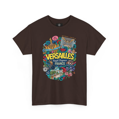 Dark chocolate crew-neck short-sleeve T-shirt with colorful Versailles France graphic.