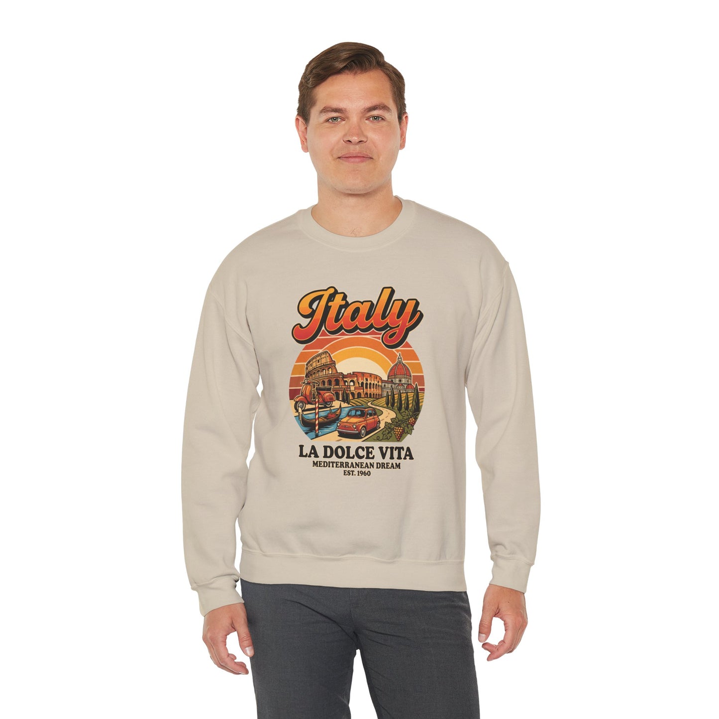 Light khaki crewneck sweatshirt with “Italy La Dolce Vita” graphic on the chest