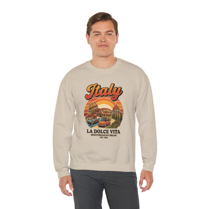Light khaki crewneck sweatshirt with “Italy La Dolce Vita” graphic on the chest
