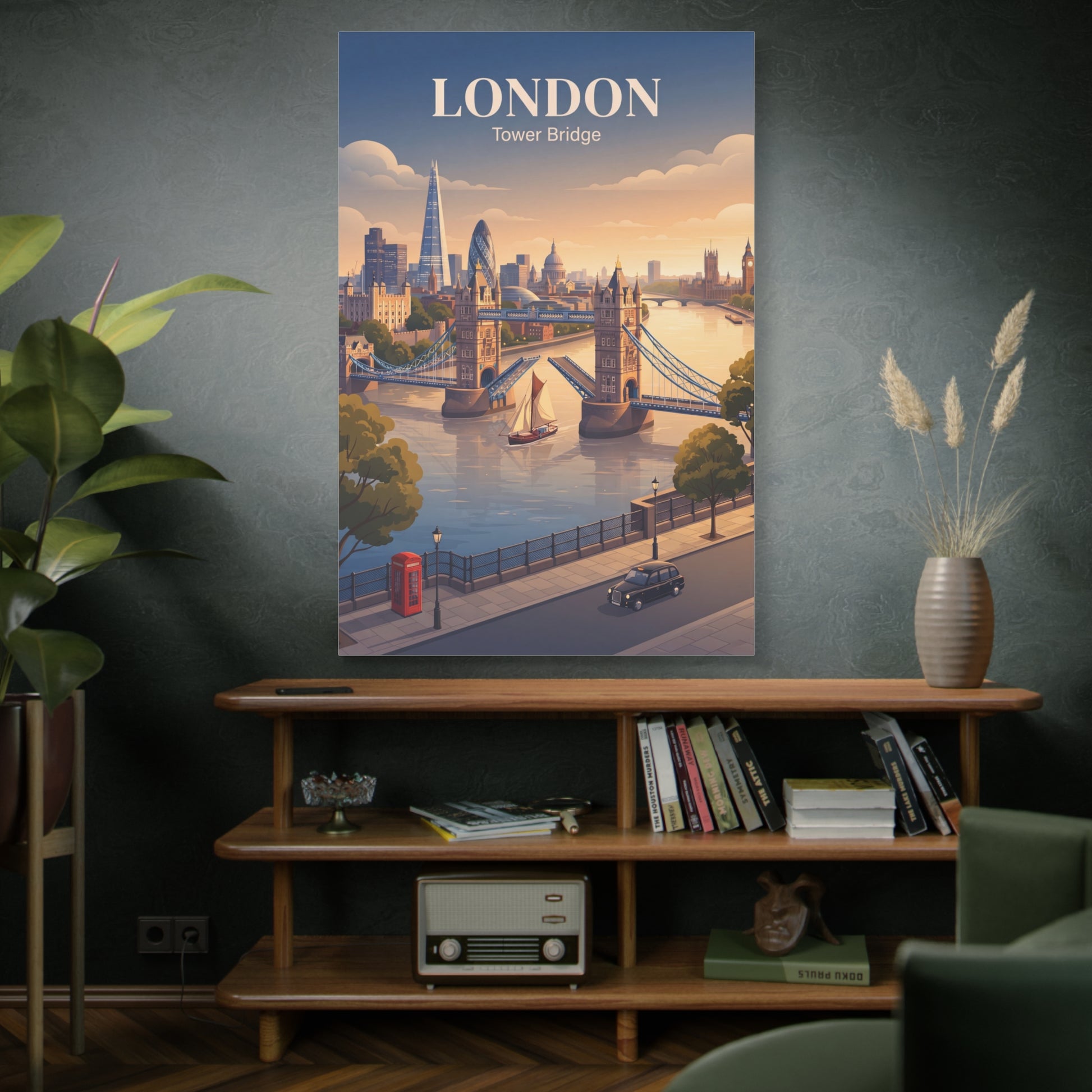 London Tower Bridge matte canvas wall art on a wall, showing “LONDON” title and bridge