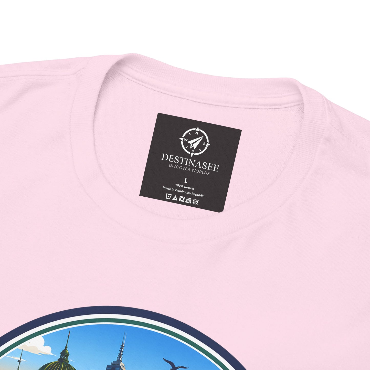 Pink crew-neck tee with Destinasee label at back collar and top graphic arc